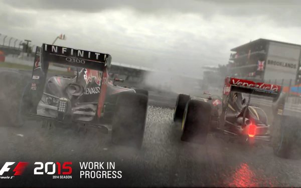 HD wallpaper featuring a dynamic F1 2015 race scene with two Formula 1 cars speeding on a wet track.