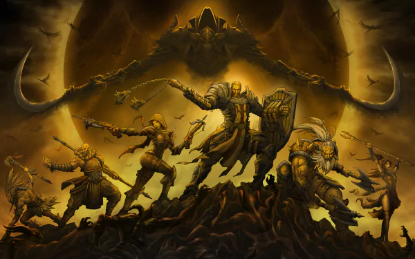 A dramatic HD wallpaper featuring characters from Diablo III: Reaper of Souls, including the Barbarian, Monk, Witch Doctor, Wizard, Crusader, and Demon Hunter, set against Malthael's ominous backdrop.