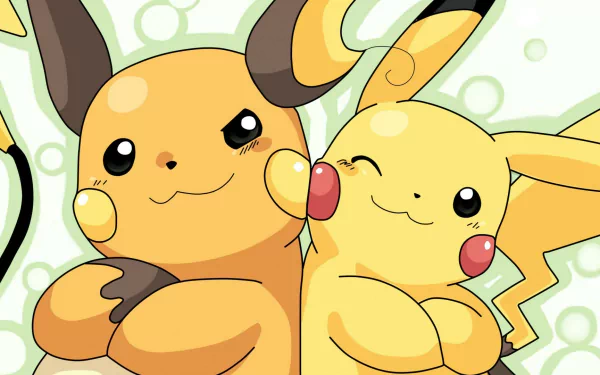 HD desktop wallpaper featuring Pikachu and Raichu from the Pokémon anime, with both characters smiling energetically against a light green background.