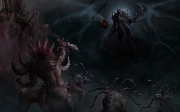 HD PC desktop wallpaper featuring Witch Doctor and Malthael from Diablo III: Reaper of Souls in a dark, eerie video game scene.