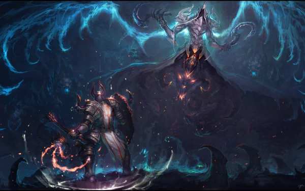 HD desktop wallpaper featuring Malthael and a Crusader from Diablo III: Reaper of Souls, showcasing a dark, intense battle scene from the video game Diablo III.