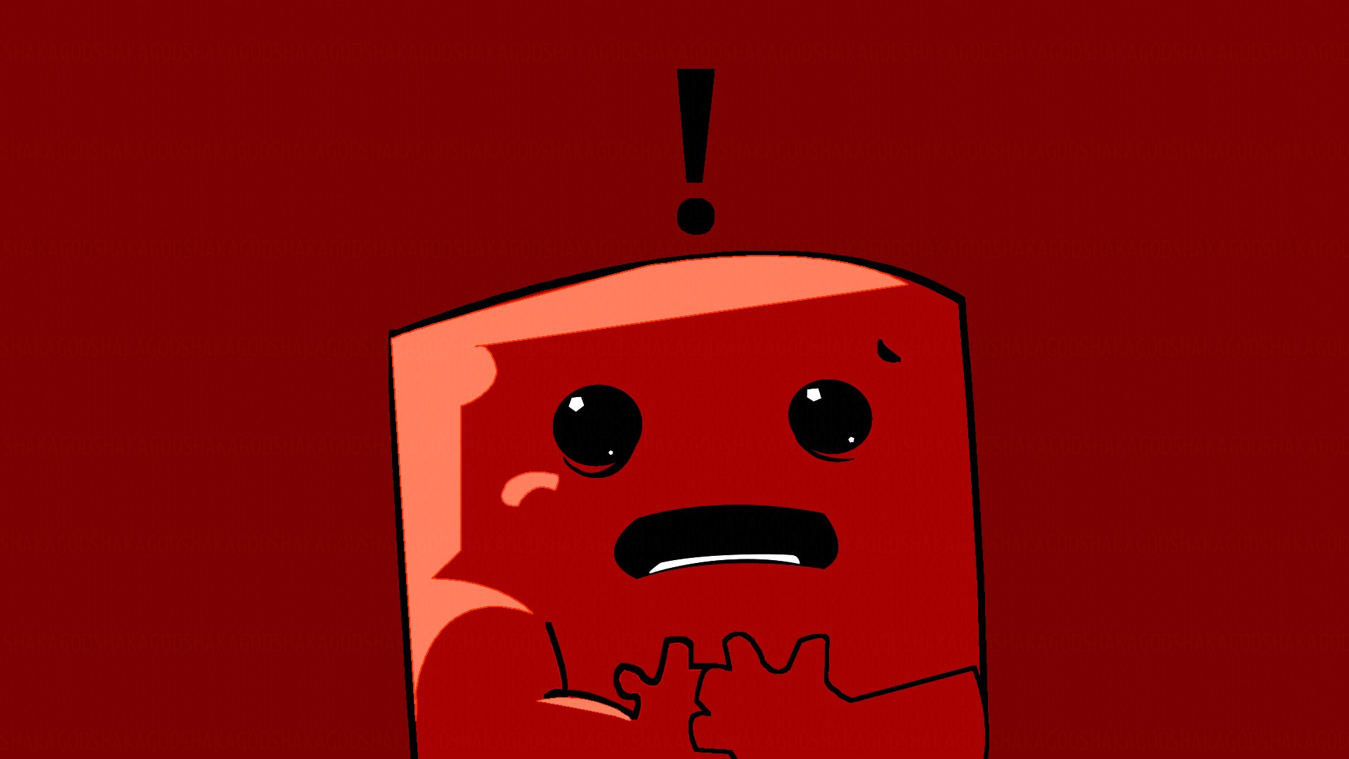 HD PC desktop wallpaper featuring the red, blocky character from the video game Super Meat Boy with a surprised expression against a dark red background.