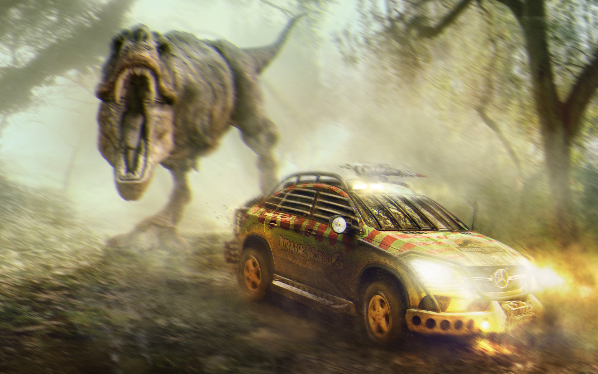HD desktop wallpaper featuring a Mercedes-Benz GLE navigating a foggy jungle scene, with a roaring dinosaur from the movie Jurassic World in the background.