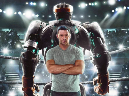 Hugh Jackman stands confidently in front of a large robot in a scene from the movie Real Steel, showcasing a dramatic moment in this HD desktop wallpaper.