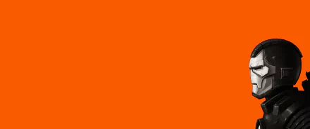A dynamic HD desktop wallpaper featuring War Machine from comics, set against a vibrant orange background, showcasing the character's iconic design and bold colors.
