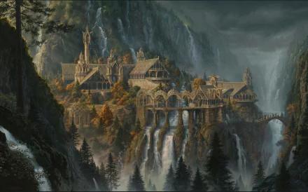 HD desktop wallpaper featuring a fantasy depiction of Rivendell from The Lord of the Rings, showcasing elegant Elven architecture nestled in a lush, mountainous valley with cascading waterfalls.