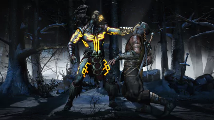 An intense scene from Mortal Kombat X showcasing Scorpion battling Kotal Kahn in a dark, atmospheric setting, delivering high-definition action as a dynamic desktop wallpaper.