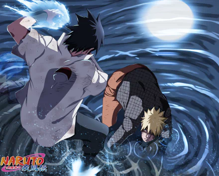 High-definition wallpaper featuring Sasuke Uchiha and Naruto Uzumaki from the anime Naruto, depicting an intense moment between the two characters in a dynamic water setting.