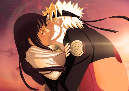 HD desktop wallpaper of Hinata Hyuga and Naruto Uzumaki from the anime Naruto, sharing a heartfelt kiss against a warm sunset background.