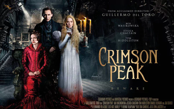 HD desktop wallpaper featuring Mia Wasikowska, Jessica Chastain, and Tom Hiddleston from the movie Crimson Peak, directed by Guillermo del Toro.