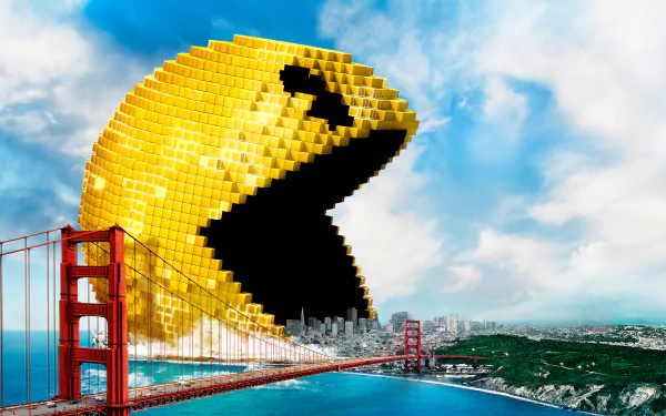HD desktop wallpaper featuring Pac-Man from the movie Pixels, with a massive pixelated Pac-Man over a cityscape, including a bridge.