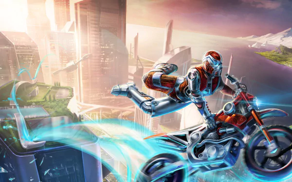 Trials Fusion video game: rider performing airborne motorbike stunt over a neon futuristic cityscape — 4K Ultra HD PC desktop wallpaper/background