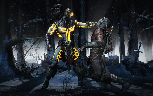 An intense scene from Mortal Kombat X showcasing Scorpion battling Kotal Kahn in a dark, atmospheric setting, delivering high-definition action as a dynamic desktop wallpaper.
