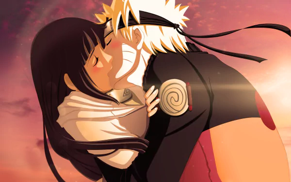 HD desktop wallpaper of Hinata Hyuga and Naruto Uzumaki from the anime Naruto, sharing a heartfelt kiss against a warm sunset background.