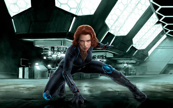 HD desktop wallpaper featuring Natasha Romanoff, portrayed by Scarlett Johansson as Black Widow, poised in a dynamic stance from *Avengers: Age of Ultron*.