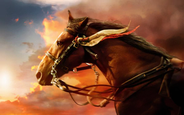 HD PC desktop wallpaper featuring a close-up of a horse from the movie War Horse against a dramatic, fiery sky background.