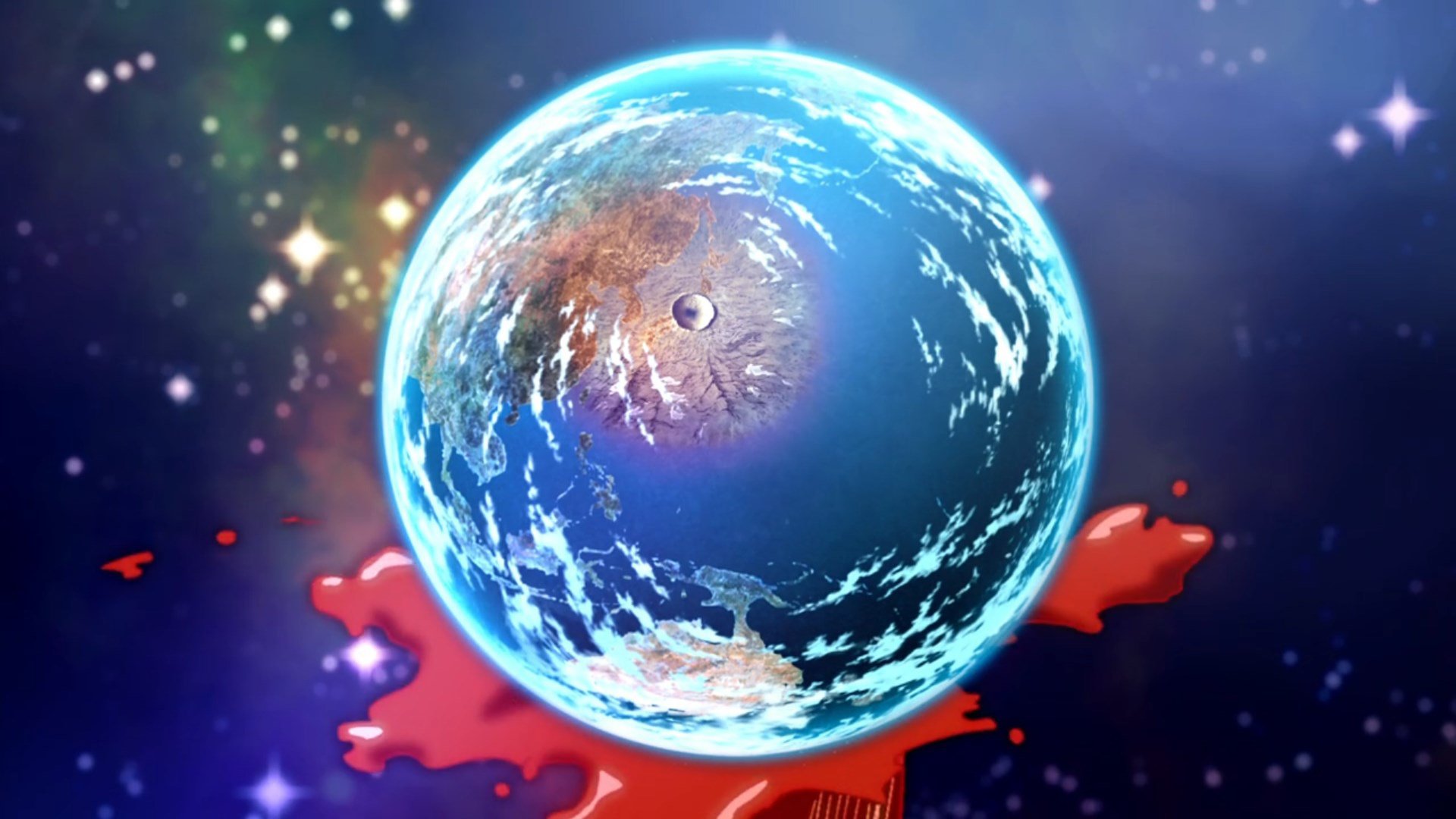 HD PC desktop wallpaper featuring an anime-style illustration from Punch Line, showcasing a glowing Earth-like planet against a starry cosmic background.