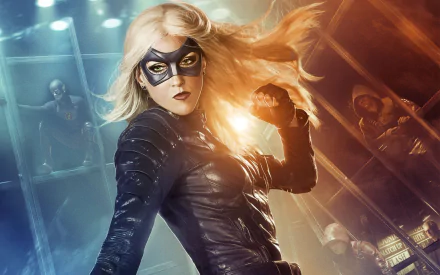 HD desktop wallpaper featuring Katie Cassidy as Laurel Lance, also known as Black Canary, from the TV show Arrow, showcasing her in a dynamic pose.