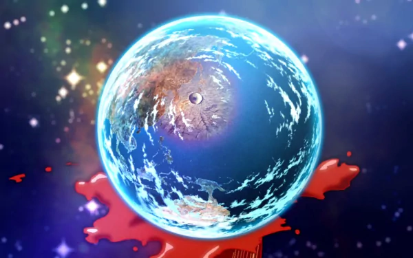HD PC desktop wallpaper featuring an anime-style illustration from Punch Line, showcasing a glowing Earth-like planet against a starry cosmic background.