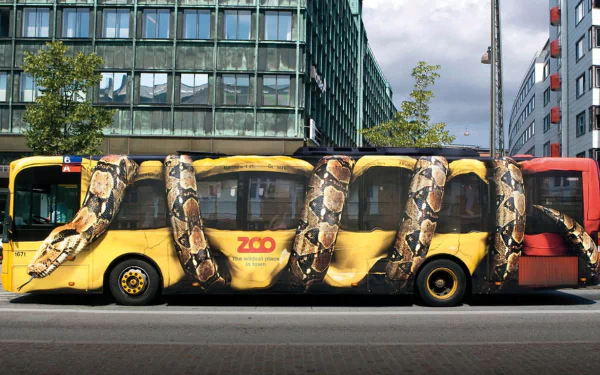 A vibrant HD desktop wallpaper featuring a uniquely designed bus wrapped in a striking snake graphic, set against an urban backdrop with modern architecture.