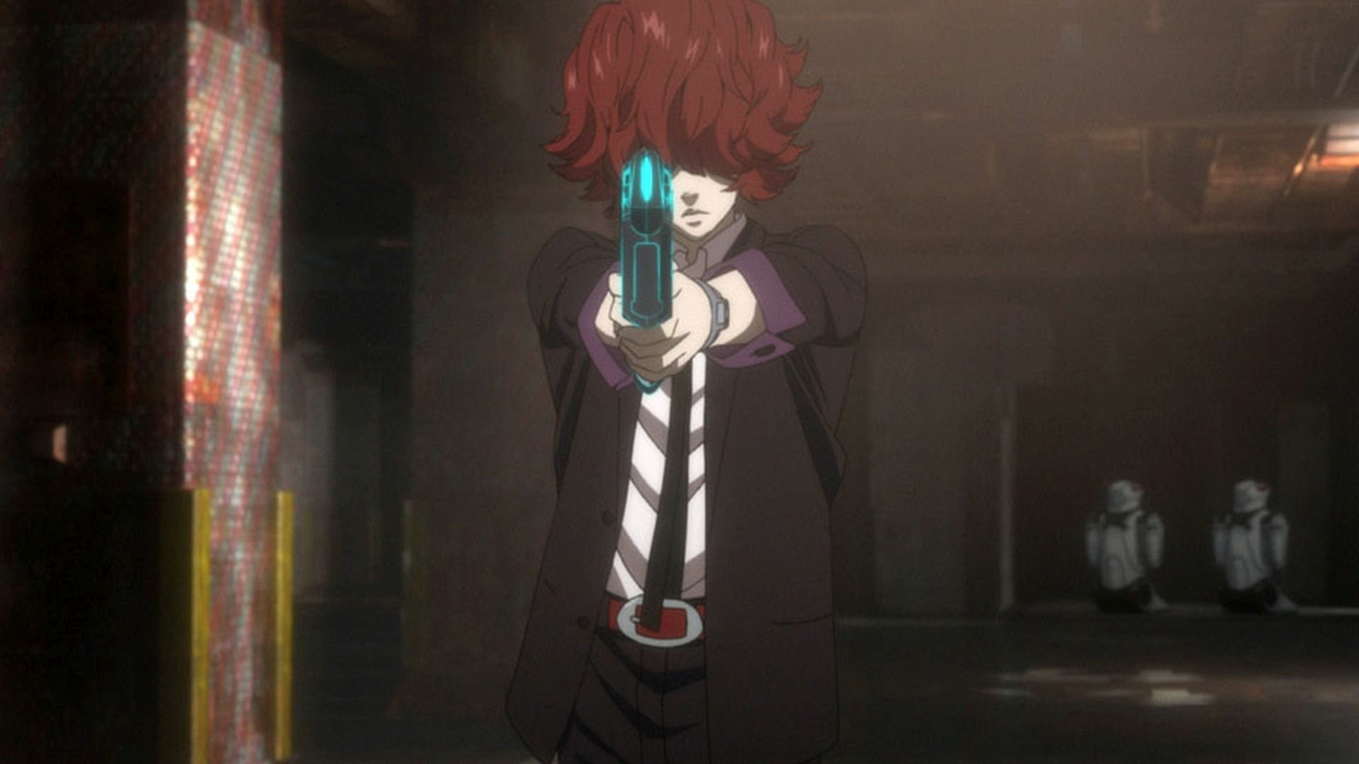Anime HD PC desktop wallpaper: Psycho-Pass Movie scene of a red-haired character aiming a glowing Dominator handgun in a dim, industrial background.