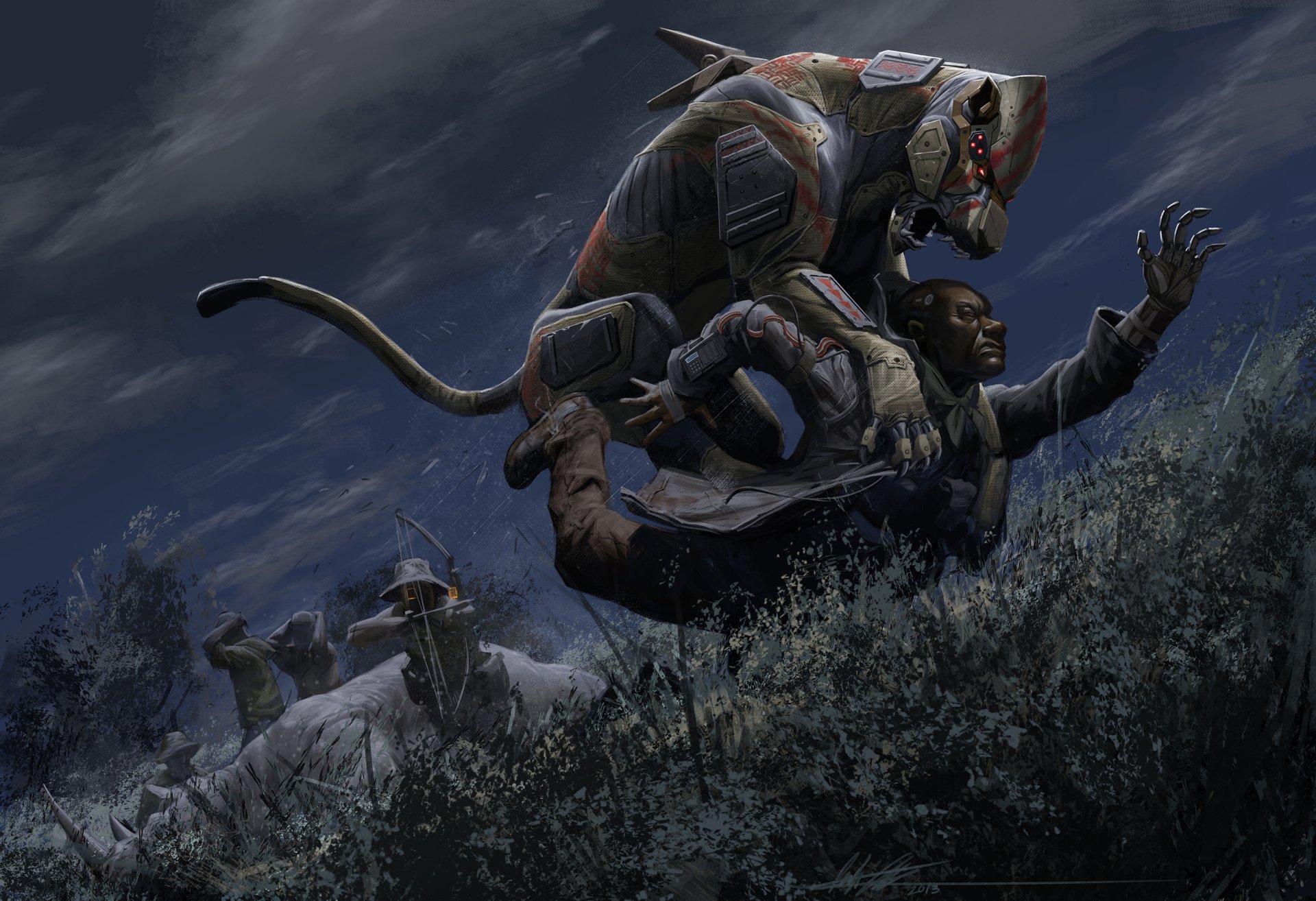 A dynamic sci-fi scene featuring a robotic creature with feline features engaging in combat, set against a dark, atmospheric background, creating an intriguing HD wallpaper.