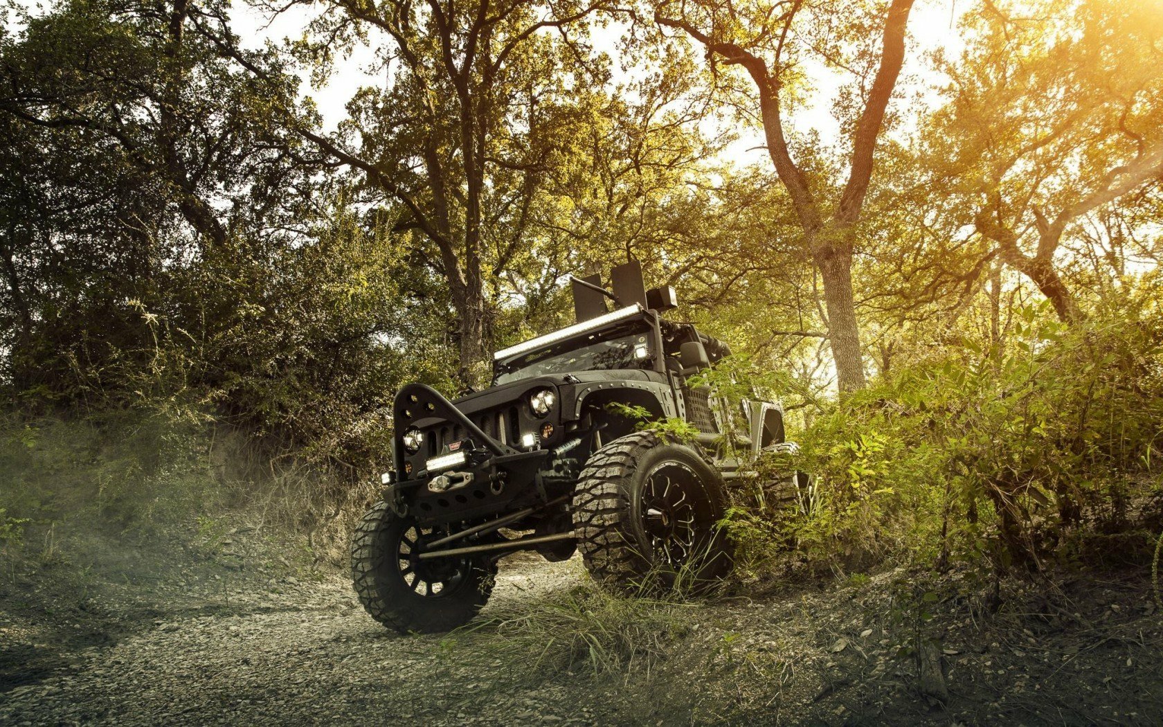 HD PC desktop wallpaper featuring a rugged Jeep navigating a sunlit forest trail surrounded by dense trees and foliage.