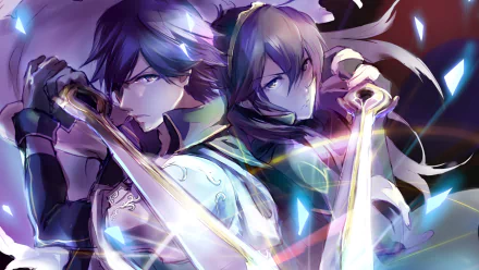 Lucina and Chrom from Fire Emblem Awakening pose together in an action-packed scene, showcasing their swords amidst a vibrant, colorful background, perfect for a PC desktop wallpaper.