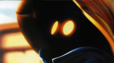 Close-up of the Black Mage from the video game Final Fantasy IX with glowing yellow eyes and wide-brim hat, rendered as a 2K Quad HD PC desktop wallpaper/background.