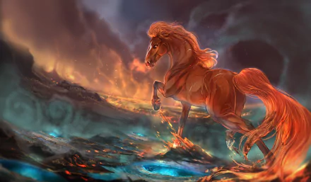 Fantasy-themed HD PC wallpaper featuring a majestic horse with a fiery mane galloping through a glowing, surreal landscape under a dramatic sky.