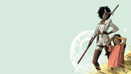 HD comic-style desktop wallpaper depicting two characters from a saga, one standing confidently with a staff, the other crouching, set against a pale background with a large moon.