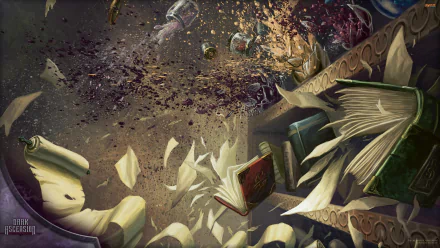 HD desktop wallpaper featuring a dynamic Magic: The Gathering scene with floating books and mystical energy in a man-made, fantasy environment.