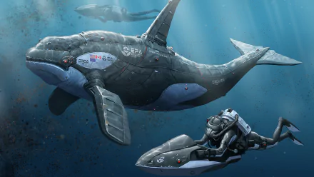 HD sci-fi desktop wallpaper featuring a futuristic robotic whale and a diver in advanced gear exploring an underwater scene.