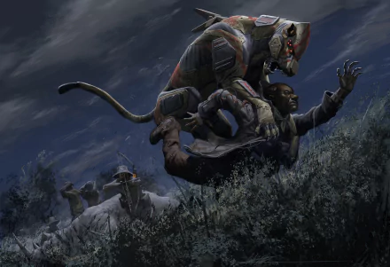 A dynamic sci-fi scene featuring a robotic creature with feline features engaging in combat, set against a dark, atmospheric background, creating an intriguing HD wallpaper.