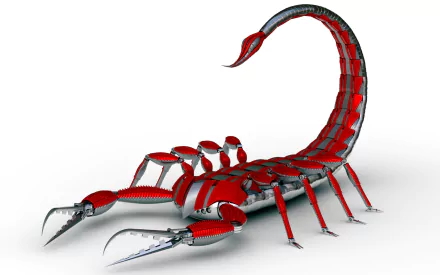 HD desktop wallpaper featuring a detailed, red and silver mechanical scorpion on a white background.