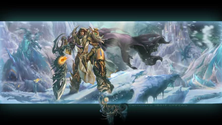 HD PC desktop wallpaper depicting a fantasy warrior clad in ornate armor, wielding a fiery weapon, against a mystical icy landscape with a shadowy creature.