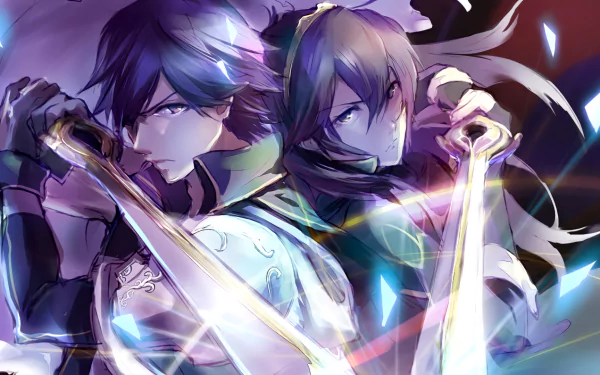 Lucina and Chrom from Fire Emblem Awakening pose together in an action-packed scene, showcasing their swords amidst a vibrant, colorful background, perfect for a PC desktop wallpaper.