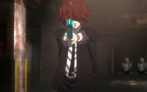 Anime HD PC desktop wallpaper: Psycho-Pass Movie scene of a red-haired character aiming a glowing Dominator handgun in a dim, industrial background.