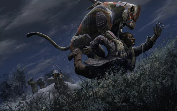 A dynamic sci-fi scene featuring a robotic creature with feline features engaging in combat, set against a dark, atmospheric background, creating an intriguing HD wallpaper.