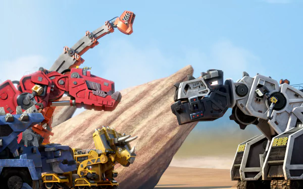 Colorful Dinotrux characters face off in a dynamic scene against a vibrant backdrop, making for an engaging HD desktop wallpaper from the popular TV show.