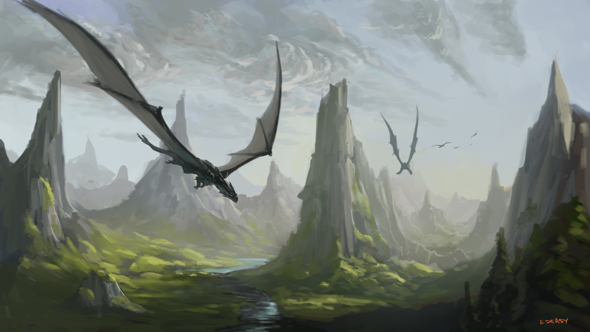 A stunning 4K Ultra HD fantasy landscape featuring majestic dragons soaring over towering cliffs and a winding river, surrounded by lush greenery and dramatic skies.