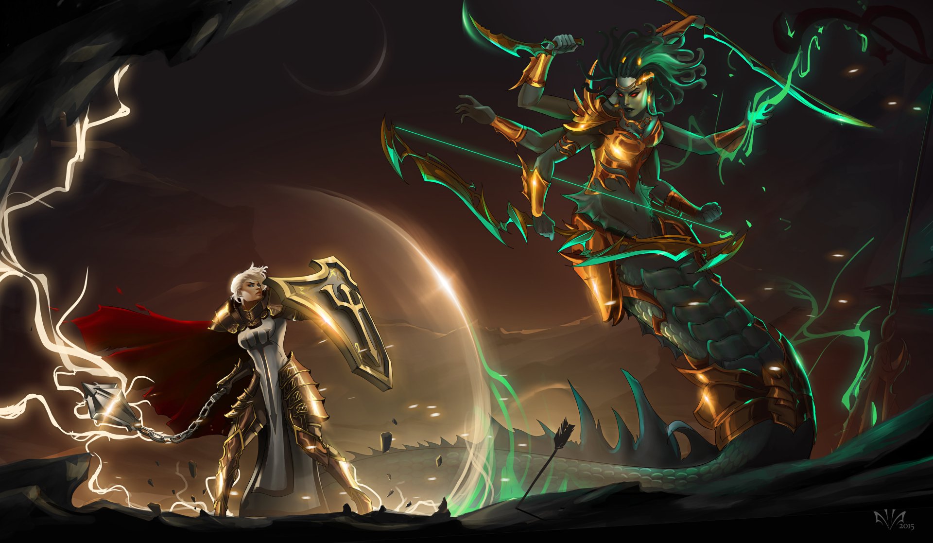 Dynamic 4K Ultra HD PC wallpaper featuring the Crusader from Diablo III in an epic battle scene, also tied to Heroes of the Storm universe.