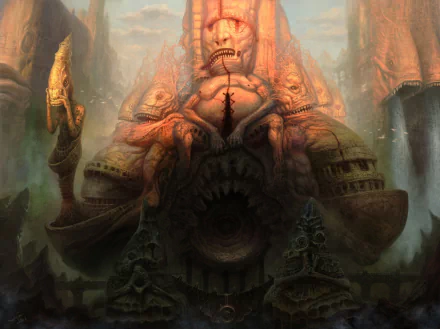 HD PC desktop wallpaper of a fantasy landscape: a colossal, weathered stone deity seated like a throne with a gaping maw, carved faces and misty cliffs bathed in warm orange light.
