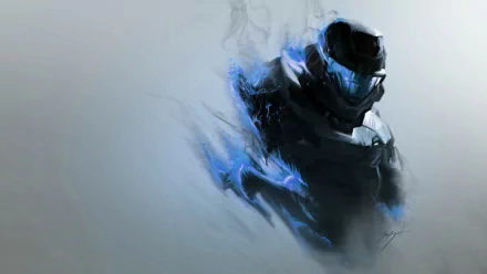 A dynamic HD wallpaper featuring a character from Halo: Reach, depicted in sleek armor with striking blue accents, set against a soft gray background.
