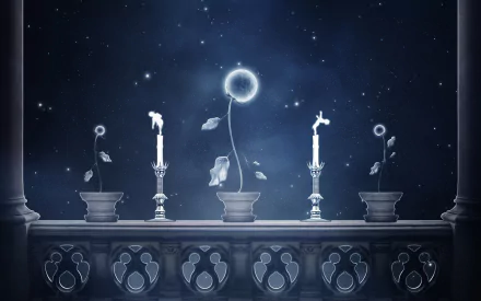 Fantasy-themed HD PC desktop wallpaper featuring glowing potted plants with mystical, ethereal light against a starry night sky background.