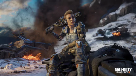 HD desktop wallpaper featuring a character from Call of Duty: Black Ops III, armed and battle-ready. The background showcases a post-apocalyptic battlefield with flames and debris.