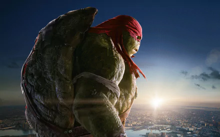 HD PC desktop wallpaper featuring Raphael from the 2014 Teenage Mutant Ninja Turtles movie, overlooking a cityscape at sunset with his signature red mask and shell.