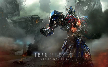 HD wallpaper featuring Optimus Prime from the movie Transformers: Age of Extinction, showcasing the character in a dramatic, battle-worn landscape.