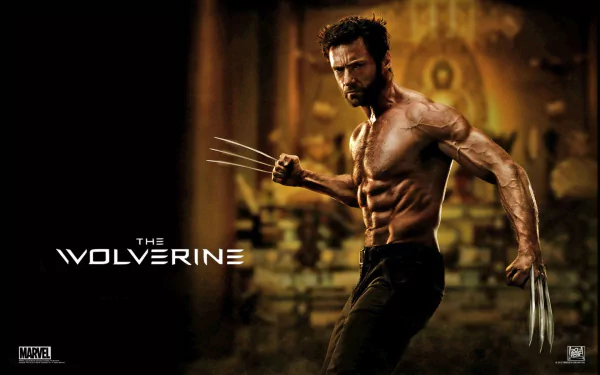 HD desktop wallpaper featuring Hugh Jackman as Logan James Howlett (Wolverine) from the movie The Wolverine, showcasing his intense, muscular form and iconic claws in a dramatic setting.