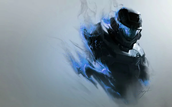 A dynamic HD wallpaper featuring a character from Halo: Reach, depicted in sleek armor with striking blue accents, set against a soft gray background.